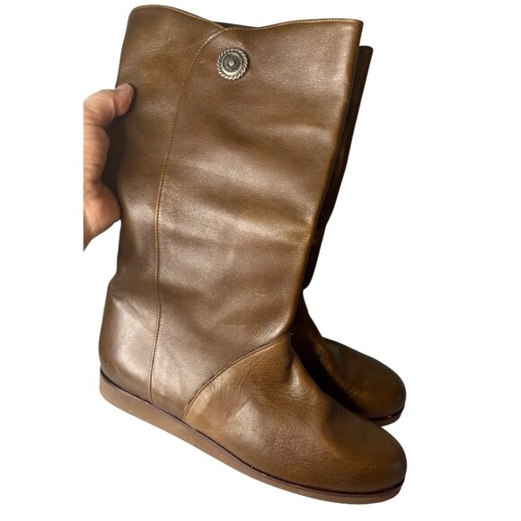 Leather Flat Mid-Calf Boots With Silver Button Accent Brown Rubber Sole Womens S - Picture 1 of 11